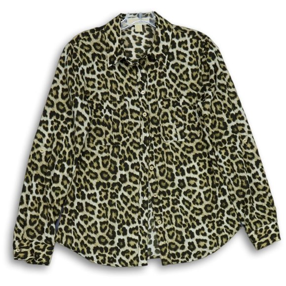 MICHAEL KORS LEOPARD PRINT BUTTON FRONT LONG OR ROLL TAB SLEEVE BLOUSE 8-EUC - Picture 1 of 9